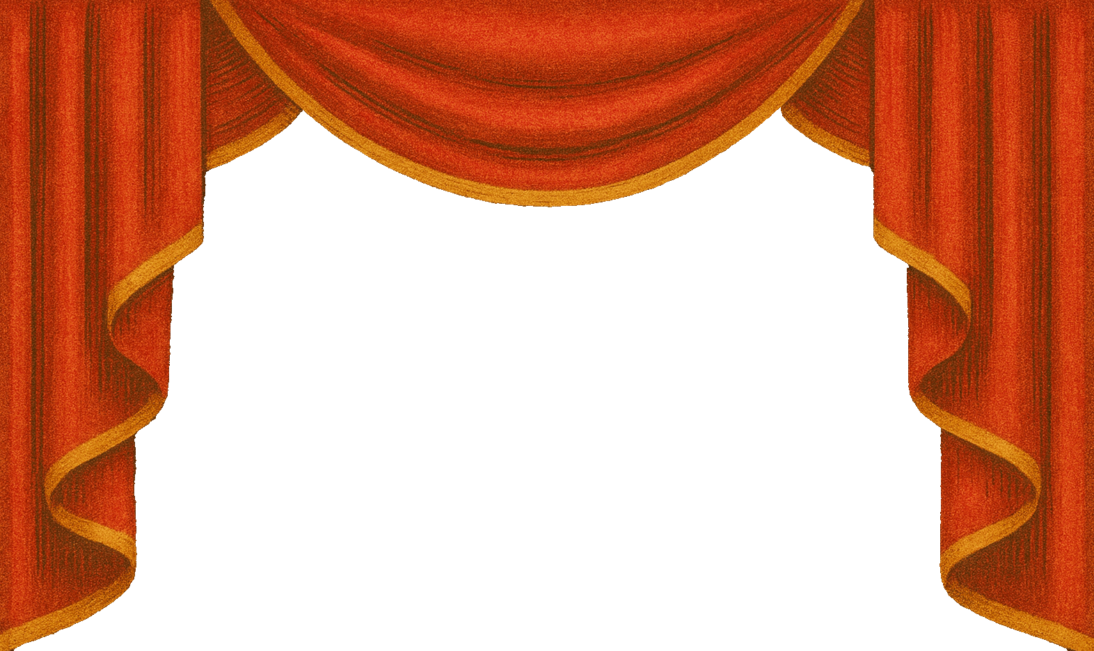 Red theater curtains with gold trim hang open, revealing a blank white space in the center as if ready for a performance or presentation to begin.