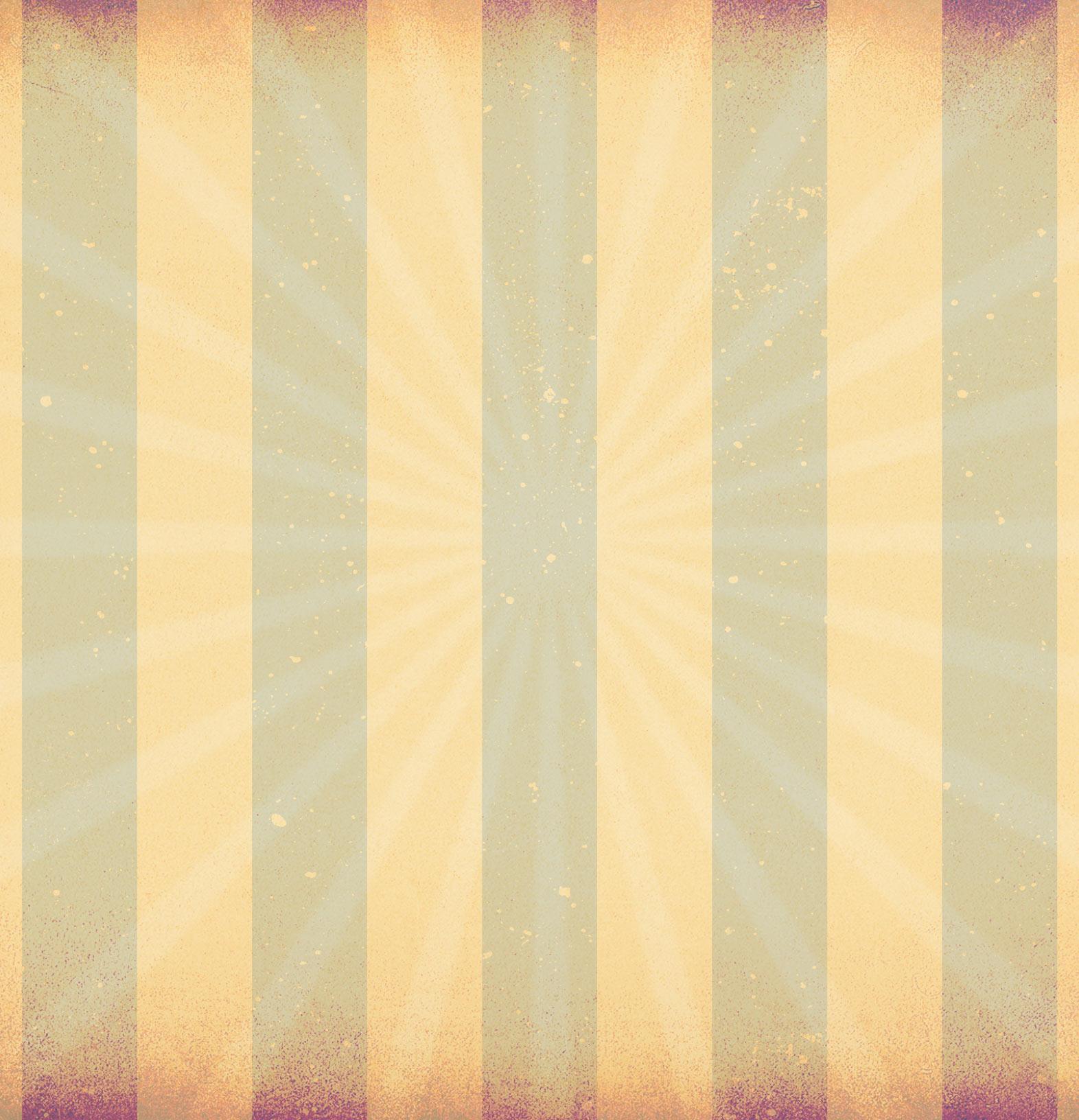 Vintage background with vertical yellow and beige stripes, sunburst rays radiating from the center, and a distressed, textured border with faded orange and purple tones.