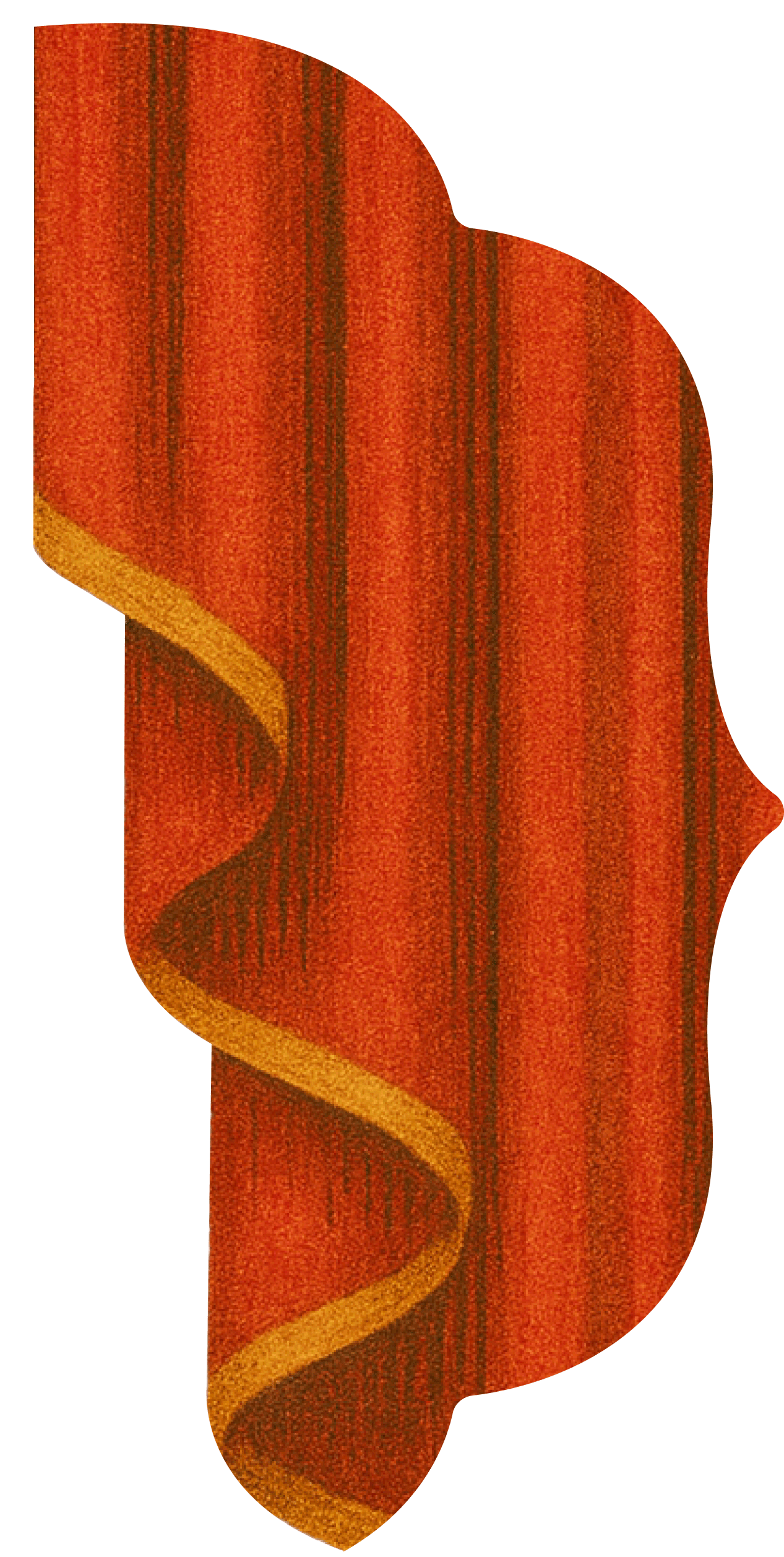A stylized, vertically-oriented red and orange curtain with a wavy edge and a single yellow fold, set against a white background.