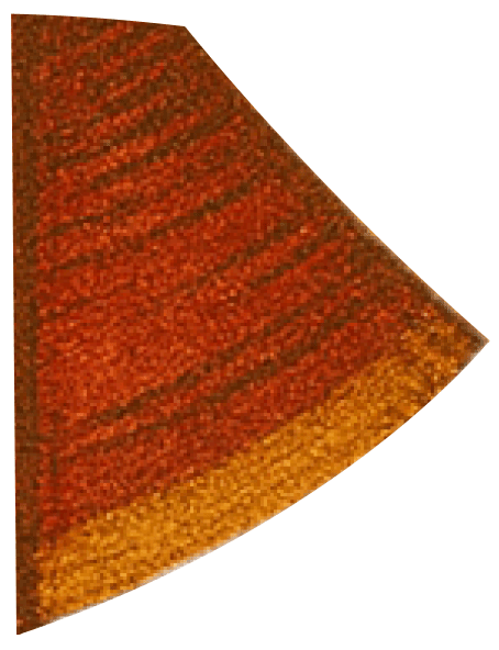 A close-up of a conical section with a textured surface in red and orange hues, transitioning to yellow at the base, set against a plain white background.